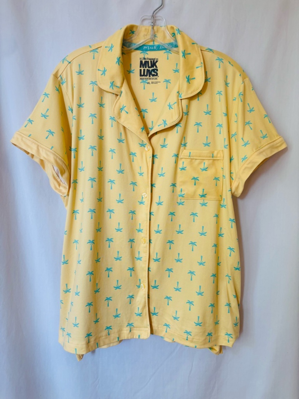 Muk Luks Pajama Top | Palm Tree Print | Yellow & Teal | Super Soft | XL